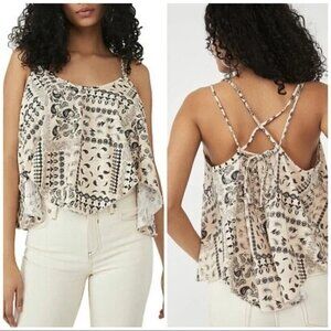 Free People Hey Girl Cotton Tank Top Ivory Navy Tea Combo Bandana Size Med NWT